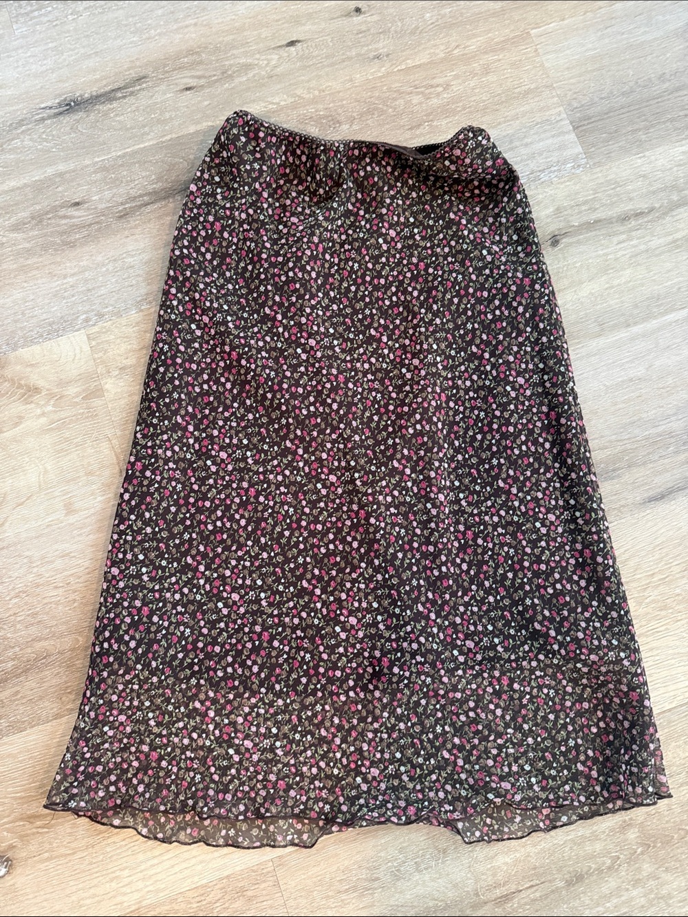 La Belle Brown Midi Skirt with Pink Floral Print